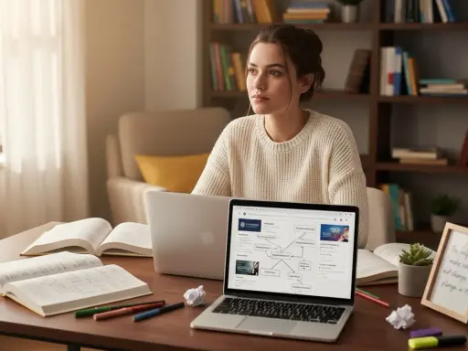 Młoda kobieta pogrążona w nauce, przygotowująca się do kognitywistyka studia. Na biurku laptopy, otwarte książki i przybory do pisania.