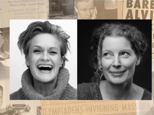 Barbro Alving, en pionjär inom svensk journalistik, porträtterad i olika epoker. Hennes livsverk speglas i tidningsurklipp och moderna foton.