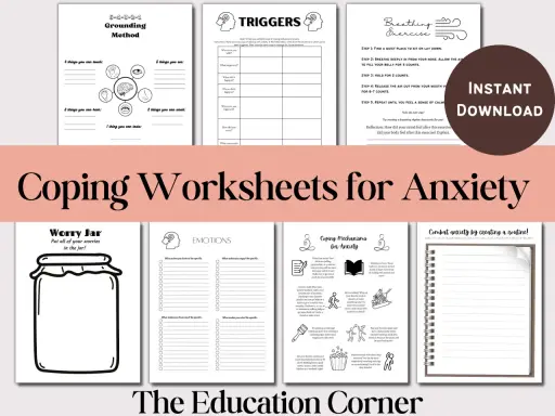 Zestaw kart pracy "Coping Worksheets for Anxiety" pomaga radzić sobie z lękiem, oferując ćwiczenia takie jak metoda uziemiająca i techniki oddechowe.