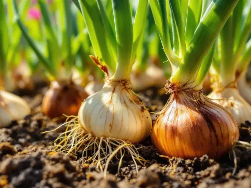 Oignons blancs et bruns en pleine terre, prêts à pousser. Idéal pour savoir que planter à côté des oignons pour un potager florissant.