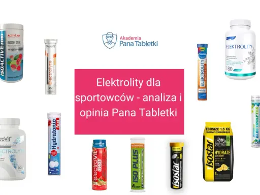 Różne produkty z elektrolitami dla sportowców, w tym napoje, tabletki i proszki. Dowiedz się, co to elektrolity i jak pomagają w regeneracji.
