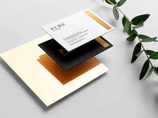 Diseño elegante de tarjetas de visita PURE Beauty Boutique. Ideas para como diseñar una tarjeta de visita con detalles dorados y tipografía minimalista.