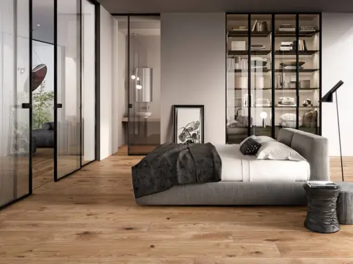 Modern bedroom with glass doors, a bed, and a wardrobe. The doors are designed to transform a hinged door into a sliding one, saving space.