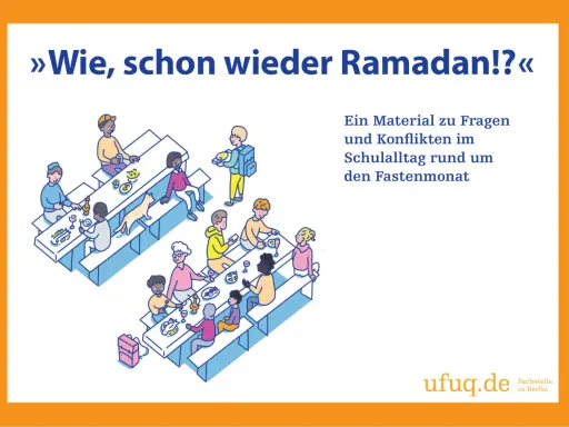 Illustration von Kindern, die sich um Tische versammeln. Ein Material zu Fragen und Konflikten im Schulalltag rund um den Fastenmonat.