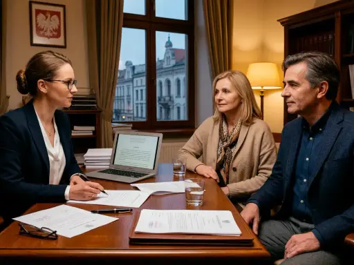 Prawniczka wyjaśnia parze, co to intercyza, podczas spotkania w kancelarii.