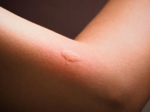 Gros plan sur un bras humain montrant un bouton de moustique rouge et enflé, signe d'une piqûre d'insecte.