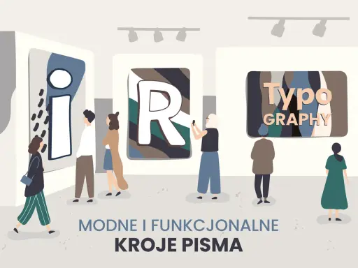 Wystawa prezentuje nowoczesne kroje pisma, gdzie dziwne czcionki tworzą artystyczne kompozycje. Ludzie podziwiają litery na plakatach.