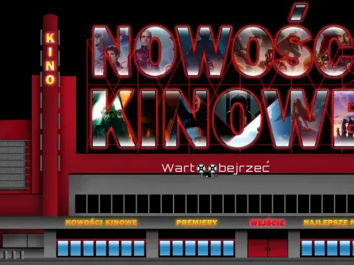 Neonowy napis "NOWOŚCI KINOWE" na tle kina z klatkami filmowymi w literach.