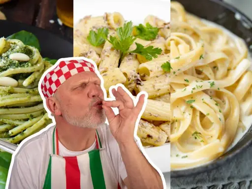 Un chef savoure trois plats de pâtes : pesto, rigatoni crémeux et fettuccine Alfredo. La forme de pâte parfaite pour chaque envie.