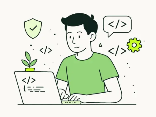 Młody programista pracuje przy laptopie, otoczony symbolami kodu i rozwoju. Angielski w IT to klucz do jego sukcesu.
