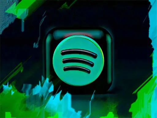 Spotify-logotypen lyser i grönt mot en mörk bakgrund med abstrakta, glitchiga effekter. Vem har mest lyssnare på Spotify?