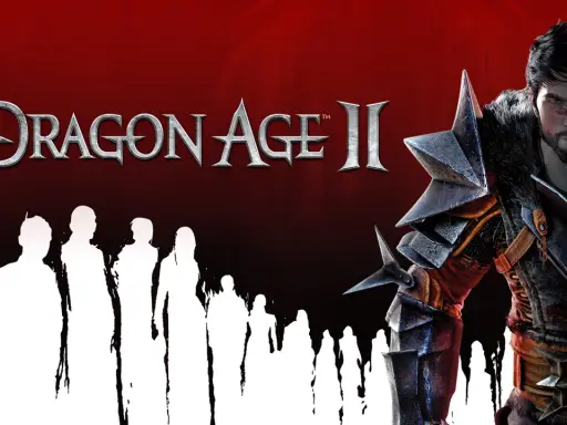Mroczny wojownik w zbroi, obok niego białe sylwetki ludzi. Tytuł gry Dragon Age II.