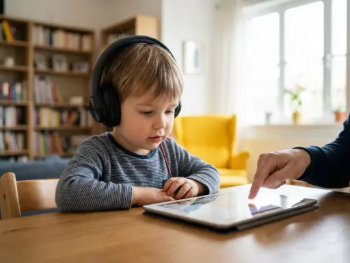 Chłopiec w słuchawkach uczy się zasad bezpiecznego korzystania z internetu dla dzieci, korzystając z tabletu pod okiem dorosłego.