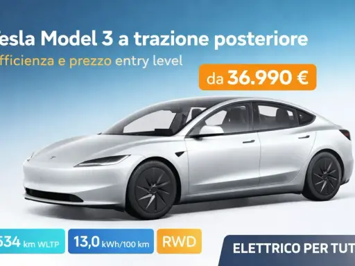 Tesla Model 3 RWD con 534 km di autonomia WLTP, ideale per chi cerca efficienza e un prezzo entry level.