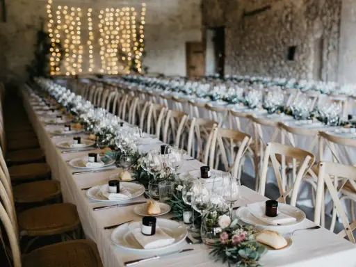 Długi stół weselny, przygotowany na przyjęcie. Czy to już poprawiny? Eleganckie nakrycia, świece i kwiaty tworzą magiczną atmosferę.
