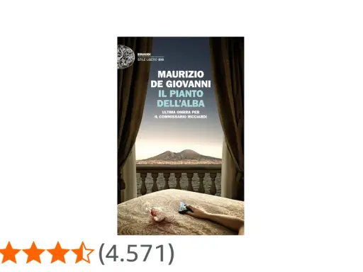 Copertina del libro "Il pianto dell'alba" di Maurizio de Giovanni, con una mano che tiene una pistola su un letto, sullo sfondo il Vesuvio.