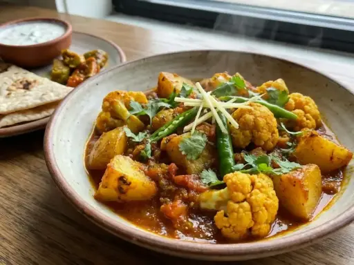 En härlig portion indisk mat med blomkål, potatis och gröna chili i en kryddig sås, serverad med naanbröd och raita.