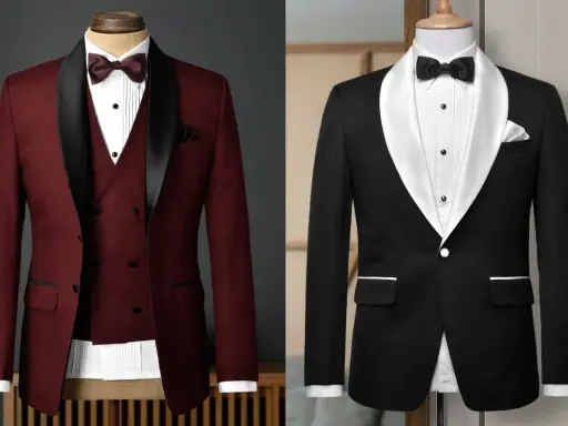 Two elegant tux combinations: a burgundy suit with a black satin lapel and a classic black tuxedo with a white satin lapel.