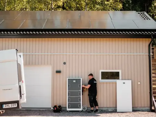 En tekniker installerar ett batterilager för dt energi vid ett hus med solpaneler på taket.