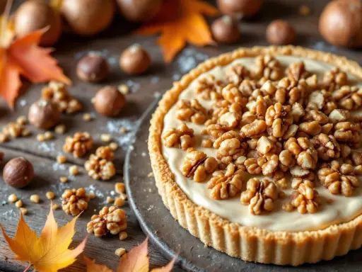 Une délicieuse tarte aux noix crémeuse, garnie de noix entières et de morceaux, sur un fond rustique avec des feuilles d'automne.