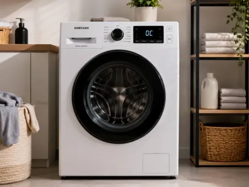 Pralka Samsung z błędem DC. Obok kosz z praniem i regał z ręcznikami.