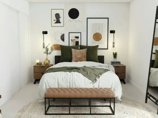 Ideas para decorar una habitación de matrimonio barata: cama con cojines verdes, manta, mesitas de noche de madera, arte abstracto y banco tapizado.