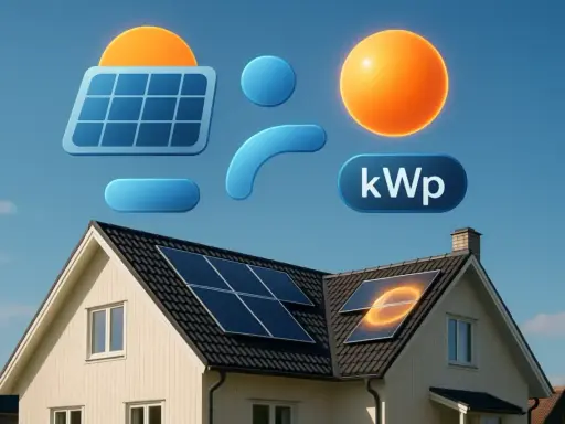 Hus med solpaneler på taket. Symboler för sol, energi och kWp illustrerar effekt solpanel.