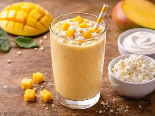 Orzeźwiający koktajl z mango, udekorowany kostkami owocu i serem. Obok leżą świeże mango i miseczki z jogurtem i twarożkiem.