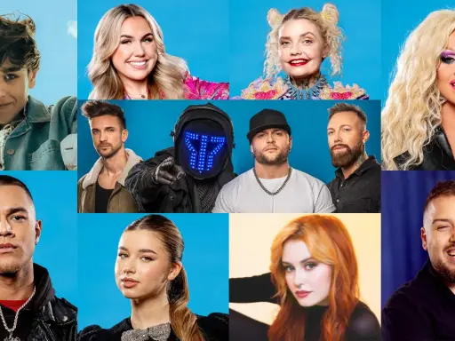 Collage med sommarlov artister: unga män, kvinnor, en dragartist och en maskerad person.