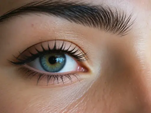 Un œil bleu-vert avec des cils longs et des sourcils parfaits, un exemple de comment s'épiler les sourcils pour un regard intense.