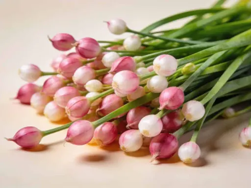 Un bouquet de ciboulette, ses jeunes pousses roses et blanches, prêtes à pousser à l'ombre ou au soleil.