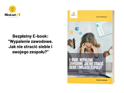 Bezpłatny e-book "Wypalenie zawodowe. Jak nie stracić siebie i swojego zespołu?". Grafika przedstawia zestresowaną kobietę w biurze, symbolizującą wypalenie zawodowe.