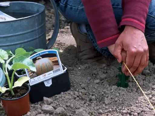 Plantation de semis melon. Une main guide un fil jaune dans la terre, à côté d'une jeune pousse et d'un paquet de graines.