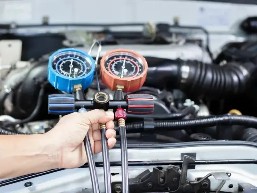 Mechanik sprawdza ciśnienie w układzie klimatyzacji, przygotowując nowy czynnik klimatyzacji do napełnienia.