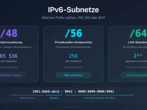 IPv6-Subnetze: /48 bietet 65.536 /64-Subnetze, /56 256, /64 nur eins. Wie viele Adressen? Die Wahl des Präfixes bestimmt die Anzahl.