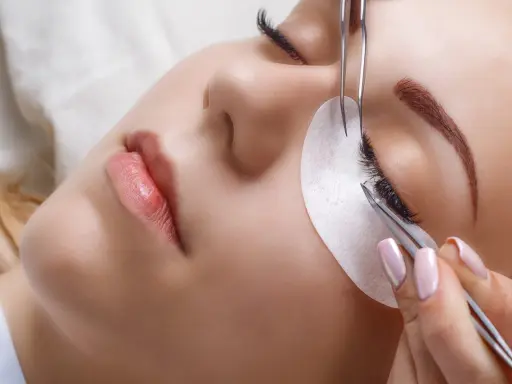 Une esthéticienne utilise des pinces pour appliquer des extensions de cils, une étape clé pour savoir comment coiffer ses sourcils et sublimer le regard.