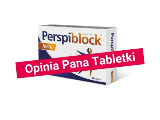 Opakowanie suplementu diety Perspiblock forte, który jest blokerem potu. Widoczna czerwona wstęga z napisem "Opinia Pana Tabletki".
