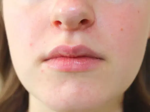 Primo piano del viso con labbra e naso. Si nota una leggera dermatite intorno al naso, con arrossamenti e piccole imperfezioni.