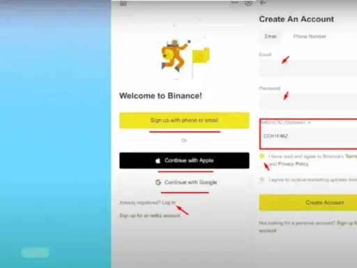 Ekran rejestracji na Binance. Dowiedz się, jak zacząć, wypełniając formularz lub logując się przez Apple/Google. Wpisz kod polecający CCH1F46Z.