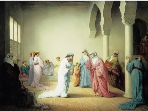 A scene of women in flowing robes in an ornate interior, a classic example of orientalism art, with arched columns and patterned floors.