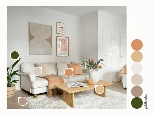 Idee per abbinamenti imbiancare casa: soggiorno accogliente con divano beige, plaid arancio e tocchi verdi.