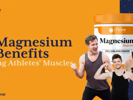 11 Magnesium-Vorteile für den Muskelaufbau von Athleten. Ein Mann zeigt stolz seine Muskeln neben einer Magnesium-Dose.