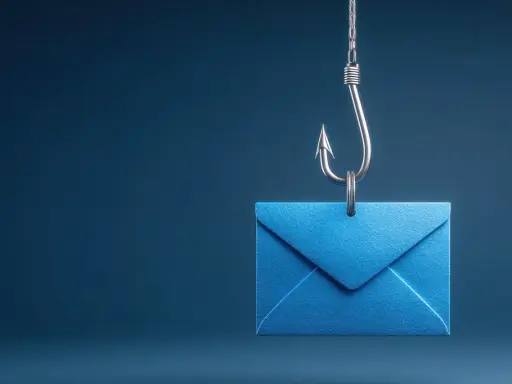 Ein blauer Brief wird von einem Angelhaken hochgehalten, ein Symbol für Social Phishing.