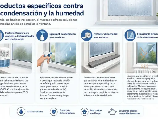Soluciones para la condensación en ventanas: deshumidificador, spray anti-condensación, protector de humedad y film aislante.