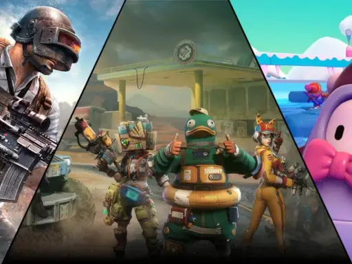 Gracze szukający gier podobnych do Fortnite znajdą tu żołnierza z bronią, postacie z kreskówkowymi zwierzętami i kolorowego stworka w balonie.