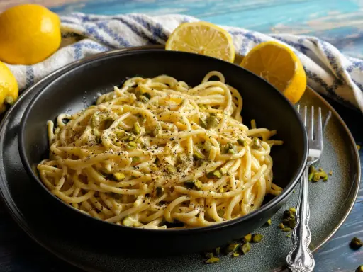 Eine Schüssel mit Zitronen Parmesan Pasta, garniert mit gehackten Pistazien und schwarzem Pfeffer. Frische Zitronen liegen daneben.