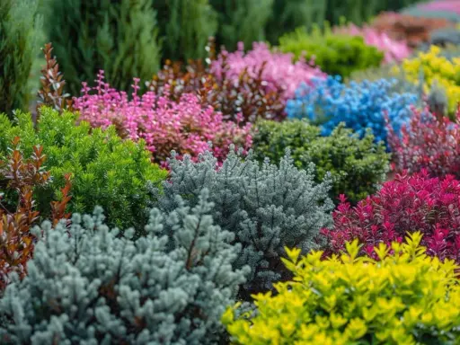 Un parterre coloré de divers arbustes persistants en plein soleil, allant du vert vif au bleu, rose, jaune et rouge.