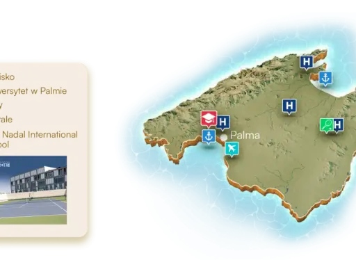 Majorka mapa z zaznaczonymi lotniskiem, uniwersytetem, portami, szpitalami i szkołą Rafa Nadal International School.