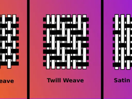 Three fabric weaves: plain, twill, and satin weave, shown with black and white threads.