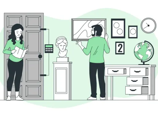 Una pareja resuelve acertijos en una habitación temática, buscando pistas para un escape room familiar.
